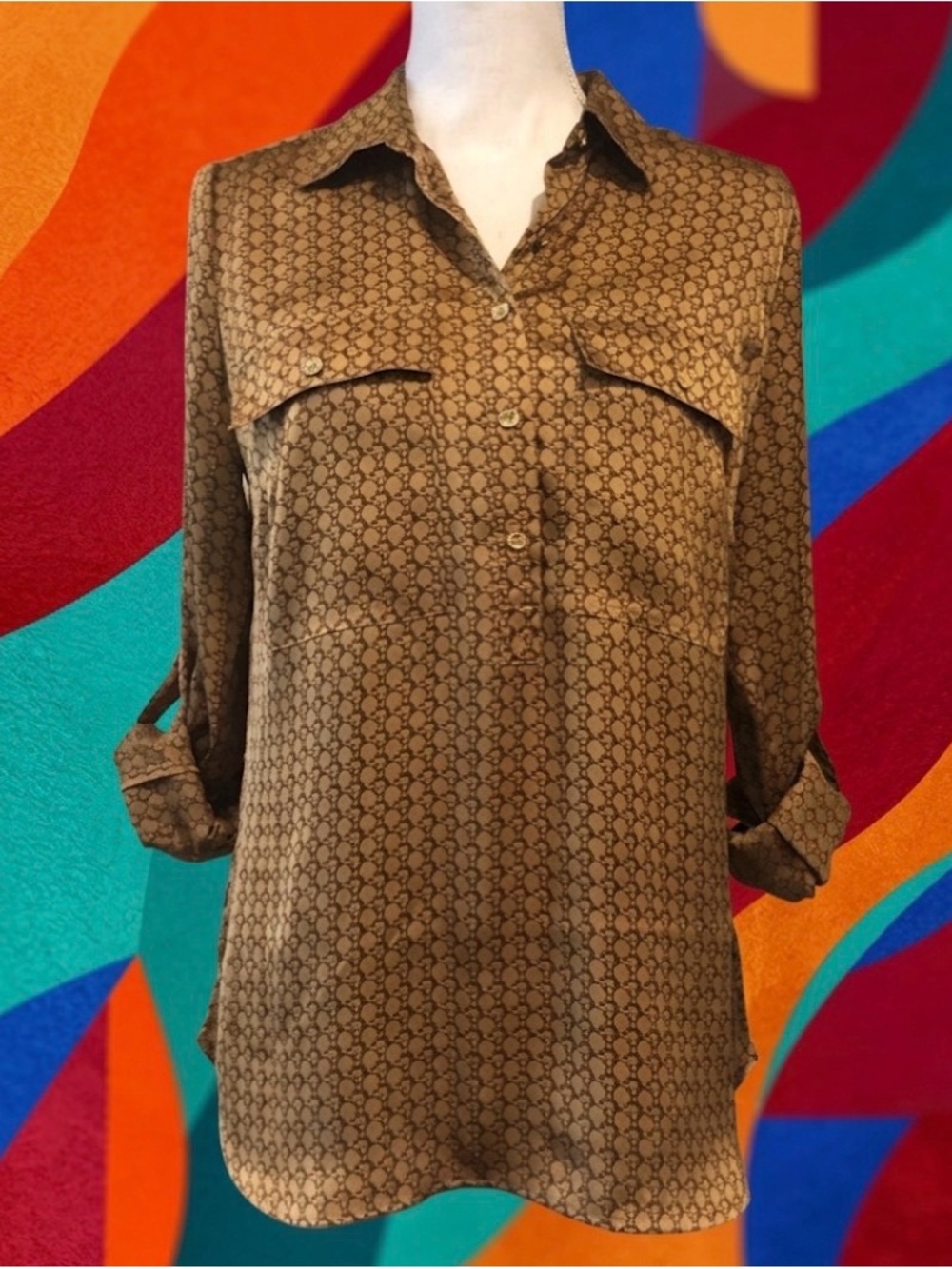 Michael Kors Brown and Gold Chain-Link Print Blouse